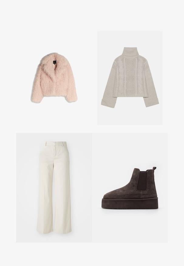 Umelá kožušinová bunda v jemne ružovej farbe s nadýchanou textúrou, skrátený strih, široký golier a otvorený predný diel. Má dlhé rukávy a žiadne viditeľné zapínanie.; Zastrihnutý svetlý sivý pletený sveter s vysokým golierom a rebrovanými manžetami, so štruktúrovanými káblovými vzormi na chrbte a po stranách.; Široké nohavice svetlej béžovej farby, vyrobené z hladkej textílie. Majú klasický pás a rovný predok s čistými líniami.; Hnedé semišové Chelsea topánky s elastickými bočnými panelmi a hrubou, štruktúrovanou platformou. Obsahujú pútko na päte pre jednoduché obúvanie.