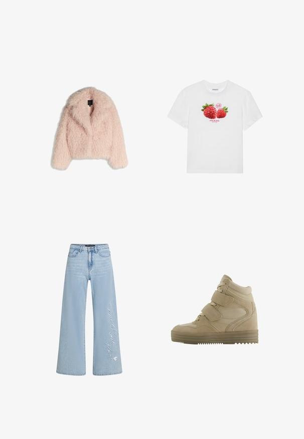 Faux furjas in zachtroze met een fluffy textuur, cropped design, brede kraag en een open voorkant. Heeft lange mouwen en geen zichtbare sluitingen.; Witte katoenen T-shirt met een graphic van twee rode frambozen met groene bladeren, en de teksten "verse vruchten" en "zoet & lekker" eronder.; Lichtblauwe wijde jeans van denim met gestikt "Donald en Daisy" tekst op het linkerbeen. Voorzien van een klassieke vijf-pocketontwerp en riemlussen.; Beige hoge sneakers met een ontwerp van suède en mesh, verstelbare klittenbandsluitingen en een dikke rubberen zool met een zigzagpatroon.