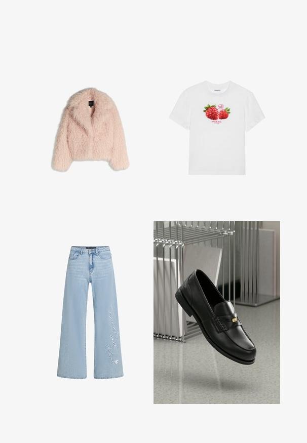 Umělá kožešinová bunda v jemně růžové barvě, s nadýchanou strukturou, zkráceným střihem, širokým límcem a otevřeným předním dílem. Obsahuje dlouhé rukávy a žádné viditelné zapínání.; Bílý bavlněný tričko s grafikou dvou červených malin se zelenými listy, a textem "čerstvé ovoce" a "sladké a chutné" níže.; Světle modré široké džíny z denimového materiálu s vyšitým textem "Donald a Daisy" na levé nohavici. Obsahují klasický design s pěti kapsami a poutky na opasek.; Černé kožené mokasíny s hladkým povrchem, ozdobenými páskem a malým zlatým akcentem. Podešev je plochá s zaoblenou špičkou.