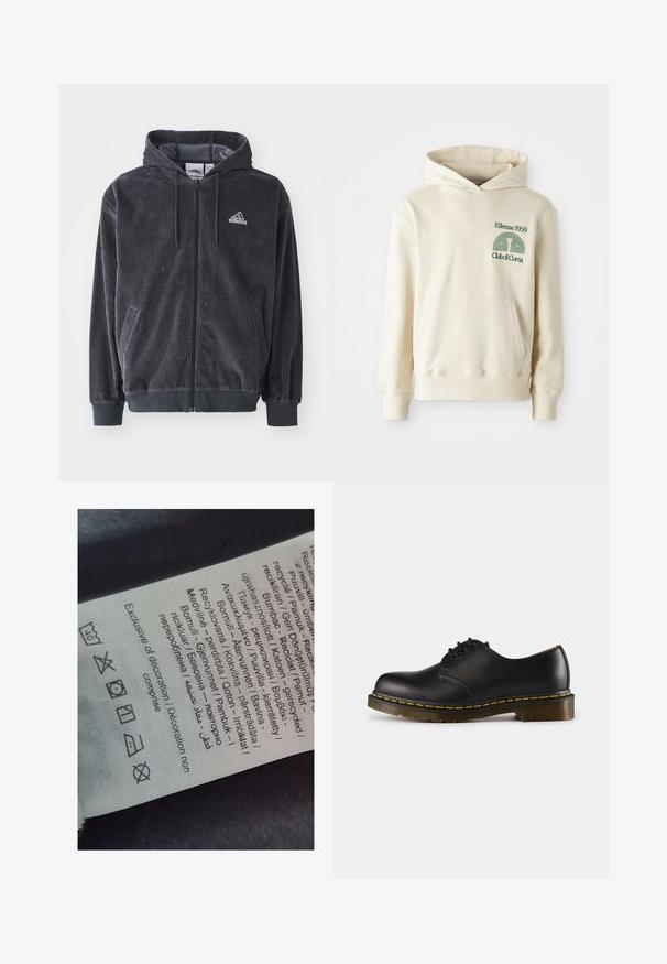 Μαύρο φούτερ με κουκούλα και φερμουάρ, με μπροστινές τσέπες, ραμμένα μανίκια και στρίφωμα, που έχει το λευκό λογότυπο της Adidas στην αριστερή πλευρά.; Μπεζ φούτερ από βαμβάκι με τσέπη καγκουρό. Πράσινο κείμενο λογότυπο "Ellesse 1959" και καμπυλωτό σχέδιο στην αριστερή περιοχή του στήθους. Μαλακή υφή, κανονική εφαρμογή.; Ετικέτα με κείμενο σε πολλές γλώσσες, σύμβολα φροντίδας και εικονίδια ανακύκλωσης, τυπωμένα σε απαλό υλικό που μοιάζει με ύφασμα σε ανοιχτό χρώμα.; Μαύρο δερμάτινο παπούτσι με στρογγυλή μύτη, σχέδιο με κορδόνια, κίτρινο ράψιμο κατά μήκος της σόλας και χοντρή, υφασμένη λαστιχένια σόλα.