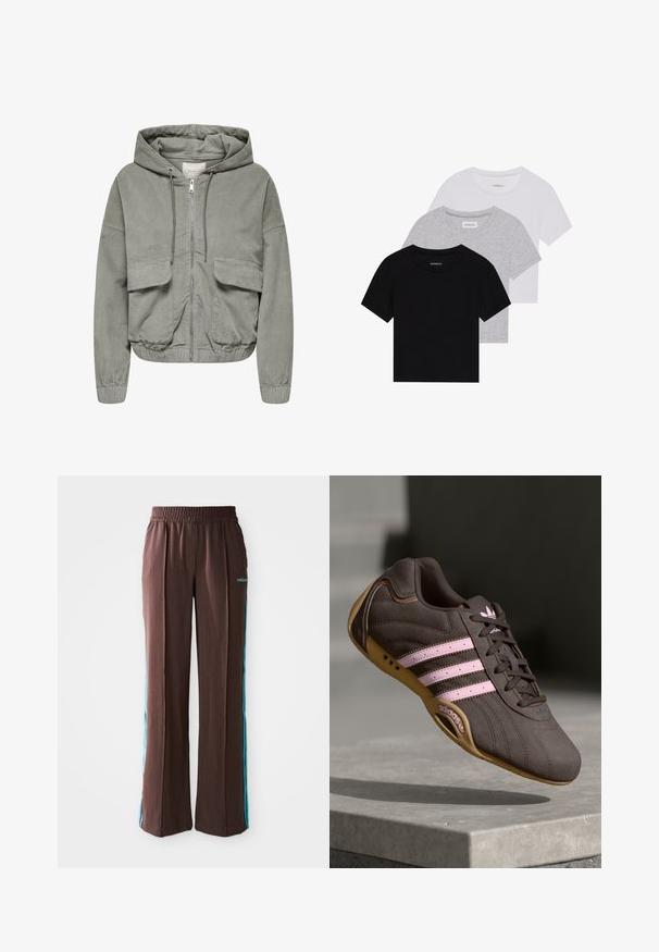 Light green corduroy jacket with a hood, elastic cuffs, two front pockets, and a front zipper. Features a ribbed texture and relaxed fit.; Set of three short-sleeve t-shirts in black, gray, and white. Made from cotton, featuring a crew neck and a simple, solid color design.; Brown athletic pants with a ribbed texture, elastic waistband, and turquoise side stripes. Features the adidas logo on the front.; Brown suede athletic shoe with pink stripes and logo, featuring a textured upper, lace closure, and a gum rubber sole.