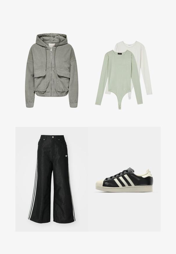 Jasnozielona kurtka z korduroy z kapturem, elastycznymi mankietami, dwiema przednimi kieszeniami i zamek błyskawiczny z przodu. Posiada prążkowaną fakturę i luźny krój.; Dwa bodysuity z długim rękawem: jeden w jasnym zielonym, z okrągłym dekoltem i bufkami, drugi w białym, z gładkim wykończeniem i dopasowanym krojem.; Czarne dżinsy o szerokich nogawkach z trzema białymi paskami po bokach i małym białym logo. Posiadają przednie kieszenie i zapięcie na guzik.; Czarne skórzane trampki z białymi paskami, gumowym czubkiem, czarnymi sznurówkami i kremową podeszwą. Gładka faktura z połyskującym wykończeniem.