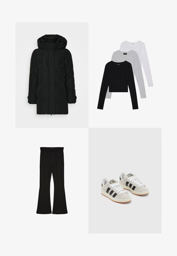 Μαύρο μπουφάν με κουκούλα, διαθέτει μπροστινό φερμουάρ, ρύθμιση με κορδόνια και ελαστικά μανίκια. Λείο ύφασμα με ποιότητα καπιτονέ και χωρίς ορατά σχέδια.; Τρία μπλουζάκια με μακριά μανίκια τοποθετημένα το ένα πάνω στο άλλο: μαύρο, γκρι και άσπρο. Κάθε μπλούζα έχει στρογγυλή λαιμόκοψη και cropped σχέδιο, κατασκευασμένη από απαλό, ελαφρύ ύφασμα.; Μαύρες κολάν με φουσκωτό σχέδιο, φτιαγμένες από ελαστικό ύφασμα. Διαθέτουν φαρδύ λάστιχο και λεία υφή, με εφαρμοστό σχήμα που ανοίγει στο τελείωμα.; Γκρίζα σουέτ αθλητικά παπούτσια με λευκές κορδόνες, μαύρες ρίγες και λευκή καουτσούκ σόλα. Διαθέτει κυκλικό λογότυπο στη γλώσσα και σόλα από καουτσούκ.