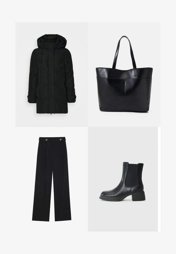 Čierna zateplená bunda s kapucňou, s predným zipsom, sťahovacou šnúrkou a elastickými manžetami. Hladká tkanina s prešívanou textúrou a bez viditeľných vzorov.; Čierny top s krátkymi, priesvitnými volánovými rukávmi, okrúhlym výstrihom a jemnou, hladkou tkaninou. Jednoduchý dizajn bez ďalších vzorov alebo akcentov.; Čierne široké nohavice s vysokým pásom, so zapínaním na gombíky na páse a prednými sklady.; Čierne kožené členkové čižmy s elastickými bočnými panelmi, zaoblenou špičkou a nízkym blokovým podpätkom. Povrch má hladkú textúru a minimálne detaily.; Čierna kožená tote taška s dvoma dlhými rúčkami, hladkým povrchom a štruktúrovaným tvarom. Obsahuje prednú kapsu pre dodatočné uskladnenie.