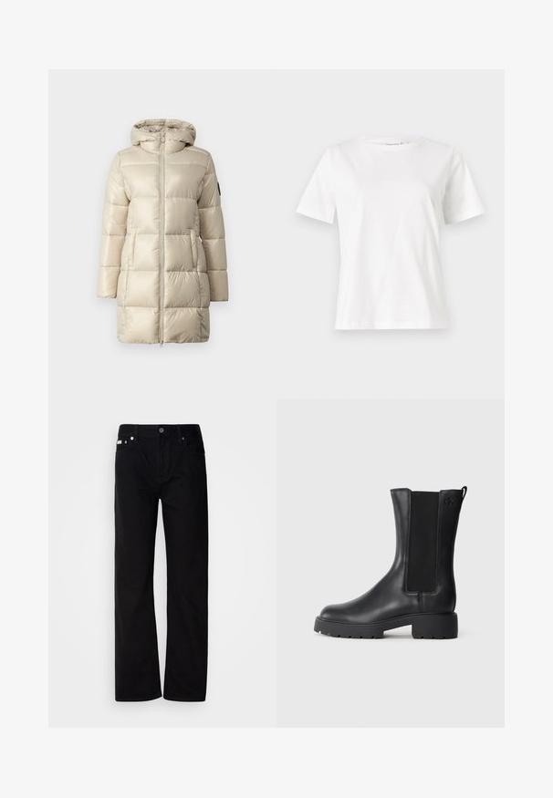 Beżowa kurtka puchowa z pikowanym wzorem, zamkiem z przodu i kapturem. Materiał jest błyszczący i gładki, z bocznymi kieszeniami i akcentem logo.; Biała bawełniana koszulka z krótkim rękawem, okrągłym dekoltem i luźnym krojem. Gładka tekstura, brak wzorów lub dodatków, minimalistyczny design.; Czarne dżinsowe spodnie straight-leg z pięcioma kieszeniami, srebrnymi nity i zapięciem na guziki. Materiał ma gładkie, lekko teksturowane wykończenie.; Czarne skórzane botki za kostkę z elastycznymi panelami bocznymi, okrągłym noskiem i masywną gumową podeszwą. Posiadają subtelne logo tłoczone z boku.