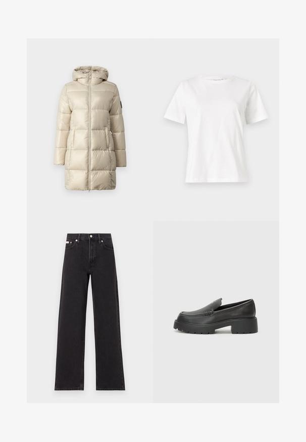 Abrigo acolchado en beige, con un diseño de cuadrícula, cierre de cremallera frontal y capucha. El material es brillante y suave, con bolsillos laterales y un acento de logo.; Camiseta de algodón blanca de manga corta, con cuello redondo y un corte relajado. Textura suave, sin patrones ni acentos, diseño minimalista.; Jeans anchos de mezclilla negros, con cintura alta, cinco bolsillos y cierre de botón metálico con costuras contrastantes.; Mocasines de piel negra con punta redondeada, suela texturizada gruesa y mínimos detalles de costura. Diseño elegante sin cordones o herrajes visibles.