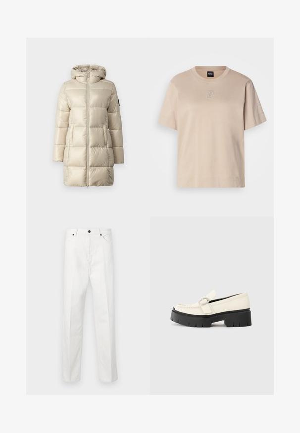 Bees värviga puhvjakkk, millel on tikanditud disain, tõmbluku ees ja kapuuts. Materjal on läikiv ja sile, küljetaskud ning logo aktsent.; Beez värvi lühikeste varrukatega puuvillane T-särk, ringkrae ja väikese tikitud kattuva "B" logoga keskosa esiküljel.; Valged denim püksid, sirge lõikega, nööbiga kinni ja kahe esipoole taskuga. Ilma nähtavate mustrite või ehteta. Sujuv tekstuur.; Valge nahast loafer, millel on massiivne must platvormi tald, neljakandiline hõbedane pandla ja nähtavalt õmblusdetail ülaserval.