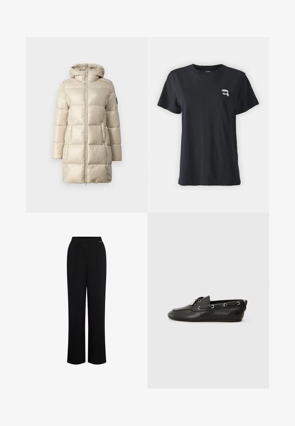 Beige Steppjacke mit einem gesteppten Design, einem Reißverschluss vorne und einer Kapuze. Das Material ist glänzend und glatt, mit seitlichen Taschen und einem Logo-Detail.; Schwarzes Baumwoll-T-Shirt mit kurzen Ärmeln und rundem Halsausschnitt. Verfügt über ein kleines, weißes Grafikdesign auf der Brust. Glatte Textur, lässige Passform.; Schwarze, weite Hosen mit glatter Textur. Sie verfügen über eine flache Vorderseite, zwei vertikale Falten und einen verdeckten Bund.; Schwarze Lederbootsschuhe mit runder Zehenpartie, Schnürung vorne, metallischen Ösen und flacher Sohle. Verfügt über eine kleine Lasche hinten.