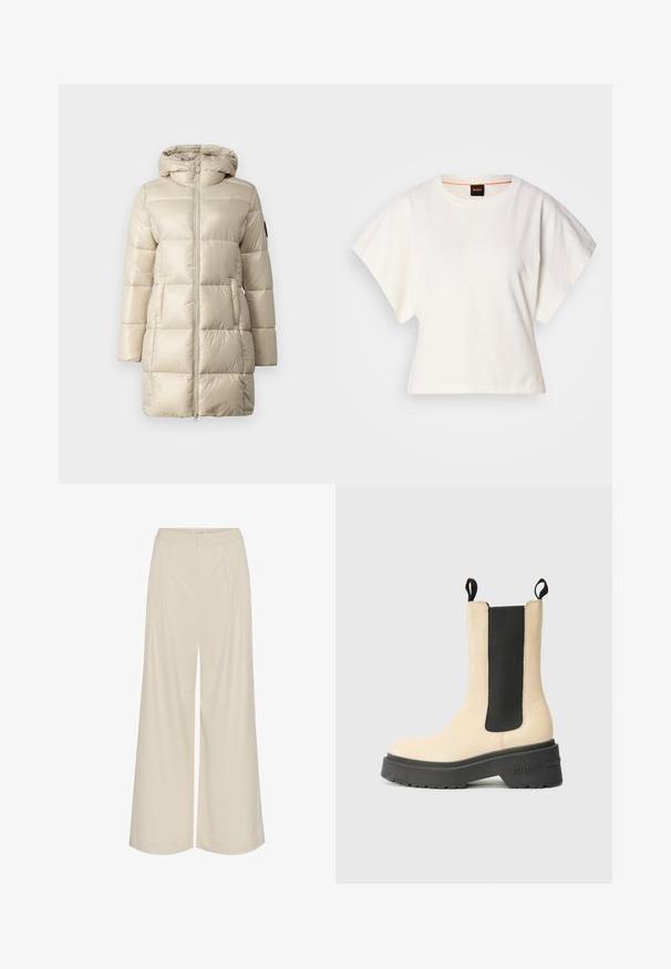 Bežinė pūkinė striukė su siuvinėta apdaila, užtrauktuku priekyje ir gobtuvu. Medžiaga blizgi ir lygi, turi šonines kišenes ir logotipo akcentą.; Baltas trumpas marškinėliai, plačios trumpomis rankovėmis, minkšta medvilnė, apvali kaklo iškirptė su subtiliu oranžiniu apvadu, minimalus dizainas, be raštų ar grafikų.; Platus kojų kelnes iš šviesiai smėlio spalvos audinio, su klostėmis, aukštu liemeniu ir lygia tekstūra, be matomų dekoro elementų.; Bežiniai auliniai batai su juodu elastingu šonu ir guminiu padu, kuriuose matosi ryški prekės ženklo logo ant kulno. Paprastas, modernus dizainas.