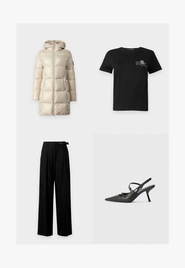 Abrigo acolchado en beige, con un diseño de cuadrícula, cierre de cremallera frontal y capucha. El material es brillante y suave, con bolsillos laterales y un acento de logo.; Camiseta de algodón de manga corta en color negro. Cuenta con un gráfico blanco que presenta el texto "KARL" y una figura estilizada en el pecho. Cuello redondo.; Pantalones de pierna ancha negros con cintura alta, pliegues en la parte delantera y un cinturón con hebilla. Confeccionados con una tela suave y liviana.; Tacones slingback de cuero negro con punta afilada, tacón delgado y detalle decorativo de hebilla en la parte superior. Textura suave y diseño elegante.