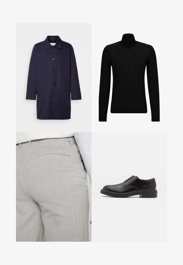 Tumedat mantiin ühtlase kangaga, krae, esitankide ja küljetaskudega. Omab sirget lõiget ja pikki varrukaid.; Musthave muströid ja pehmest materjalist must turtleneck, millel on pikad varrukad ja tihe istuvus. Ribaga ääris allservas ja vöökohal. Lihtne disain.; Heledat hallid kohandatud püksid tekstuurse kangaga, millel on üks tagatasku ja puhas õmblus.; Must beemel levalis kingad ümarate varvastega, sileda pinnaga, minimaalsete õmblustega ja madala kummist kontsaga. Logo kontsa peal.