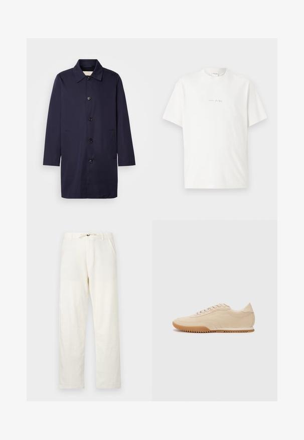 Tumedat mantiin ühtlase kangaga, krae, esitankide ja küljetaskudega. Omab sirget lõiget ja pikki varrukaid.; Valge puuvillane T-särk ümmarguse kaelusega, lühikeste varrukate ja väikese prinditud logoga ees. Sile tekstuur ja mugav lõige.; Heledad beežid linasest püksid, sirge lõikega, reguleeritava nööri vöökoht ja kaks küljetaskut. Sujuv tekstuur ja minimaalne disain.; Beez Suede spordijalatsid voolujoonelise disainiga, millel on tekstureeritud ülemine osa, ümar toe ning kummist tallaga, millel on sakiline muster.