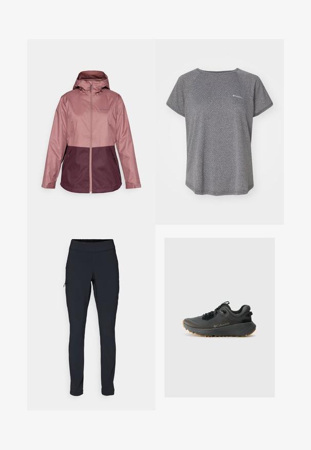 Veski vedenneistä yhdistelmä, jossa on vaaleanpunainen ja tumma violetti väri. Erityisominaisuuksiin kuuluu huppu, täysipituinen vetoketju ja kaksi sivutaskua. Sileä ja kevyt materiaali.; Harmaa lyhythihainen paita, jossa on hillitty tekstuuri, pyöreä pääntie ja Columbia-logo rinnassa. Pehmeä kangas, rento istuvuus.; Musta urheiluhousut slim fit -mallilla, joustavalla vyötärönauhalla ja sivutaskulla, jossa on vetoketju. Sujuva, venyvä kangas, jossa on minimaalinen sauma.; Columbia TERRASTRIDE CRZ - Vaelluskengät - shark/black