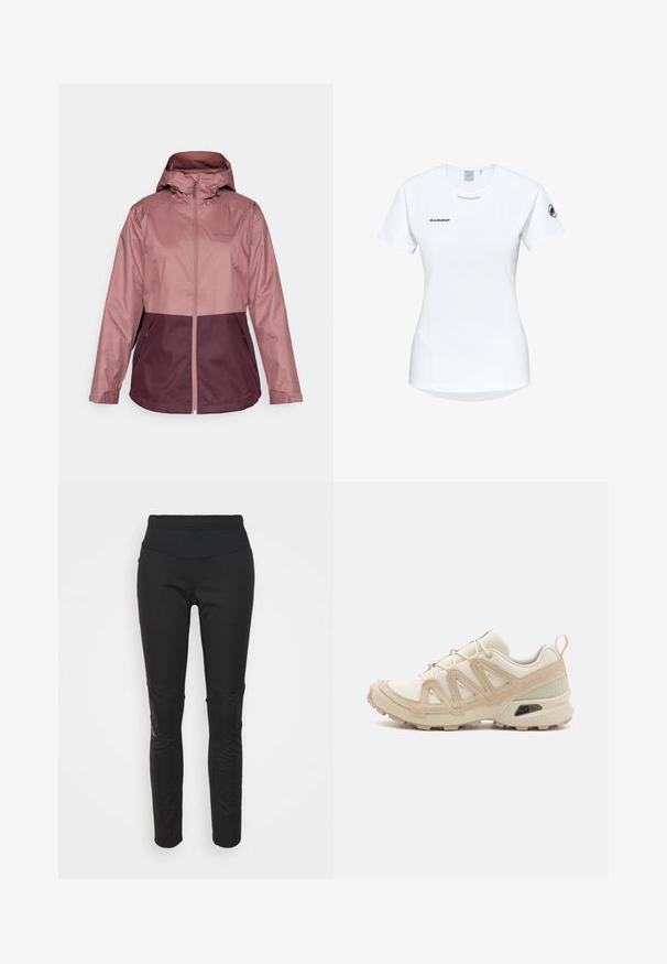 Wasserabweisende Jacke in Hellpink und Dunkellila. Mit Kapuze, durchgehendem Reißverschluss und zwei Seitentaschen. Glattes, leichtes Material.; Kurzärmliges weißes Sportshirt mit Rundhalsausschnitt, das ein Logo auf der Brust und eine glatte, leichte Stofftextur aufweist.; Schwarze Sportleggings mit hohem Bund, glatter Textur, Logodetail und seitlichen Paneelen für zusätzlichen visuellen Reiz.; Beige und cremefarbenen Sportschuh mit strukturiertem Mesh-Obermaterial, unterstützenden Überzügen und Gummisohle mit einem Profilmuster für Bodenhaftung.