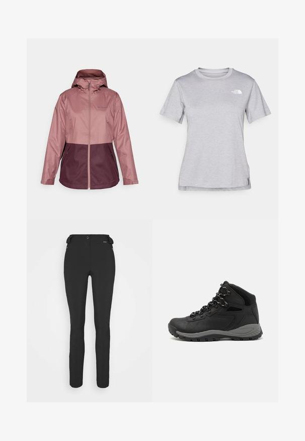 Vodoodporna jakna v svetlo roza in temno vijolični barvi. Ima kapuco, popolno sprednje zadrgo in dva stranska žepa. Gladek, lahek material.; Siva kratka majica s kratkimi rokavi, izdelana iz mehkega, vlago odvračajočega materiala. Ima okroglo izrez in majhen bel logotip na zgornji levi strani.; Črne prileganje hlače, izdelane iz fleksibilnega materiala. Značilnosti vključujejo žep z zadrgo na strani, artikulirana kolena in gladko teksturo.; Črne pohodniške čevlje z srednje visokim dizajnom, ki imajo teksturirano zgornji del, sivi dodatki in vzdržljiv gumen podplat s protizdrsnimi izboklinami.