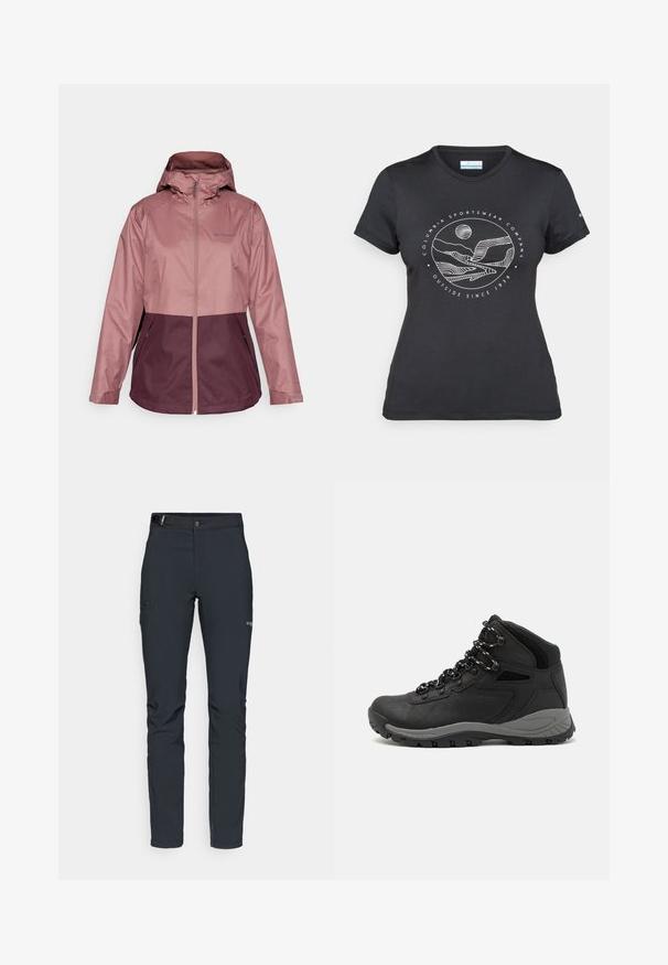 Veste imperméable en rose clair et violet foncé. Comprend une capuche, une fermeture éclair sur toute la longueur à l'avant et deux poches latérales. Matière lisse et légère.; T-shirt noir Columbia avec un dessin linéaire blanc de montagne et de rivière en cercle et le texte "Columbia Sportswear Company À l'extérieur depuis 1938."; Pantalons de plein air pour hommes, gris foncé, fabriqués en matériau flexible, dotés d'une ceinture, de poches zippées et de coutures renforcées.; Botte de randonnée noire au design mi-haut, avec un dessus texturé, des accents gris et une semelle en caoutchouc durable avec des crampons de traction.