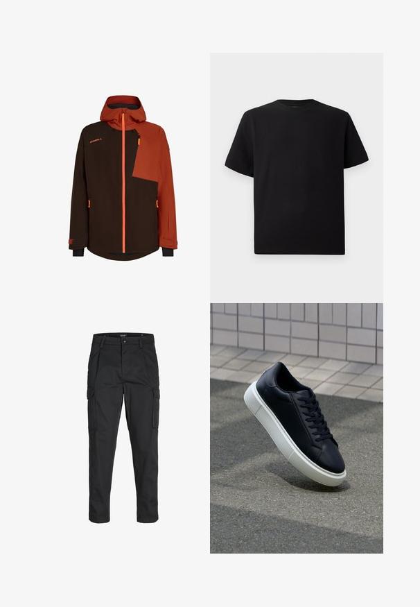 Brun og orange isoleret jakke med hætte, lynlåslomme på brystet, kontrasterende stofpaneler og justerbare manchetter.; Sort kortærmet T-shirt lavet af tekstureret stof, med rund halsudskæring og en afslappet pasform. Enkel, uden mønstre eller accenter.; Sorte cargo-bukser lavet af slidstærkt stof, der har flere lommer, en knaplukning og et slim fit design med smalle ben.; Sort lædersneaker med rund tå og hvid gummisål. Har flade snørebånd og minimal syning på overdelen. Tekstureret sål for bedre greb.