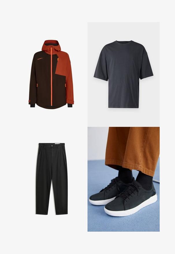 Bruine en oranje geïsoleerde jas met een capuchon, ritszak op de borst, contrasterende stofpanelen en verstelbare manchetten.; Donkergrijs T-shirt met korte mouwen, gemaakt van lichtgewicht katoen, met een losse pasvorm en een klassieke ronde hals, met een effen textuur en zonder patronen.; Zwarte katoenen broeken met een losse pasvorm, voorzien van een klassieke tailleband, voorplooien en zijzakken. Gladde structuur zonder patronen.; Zwarte suède sneakers met witte rubberen zolen, voorzien van een vetersluiting ontwerp, textuuraccenten en subtiele branding, gedragen met bruine broeken.