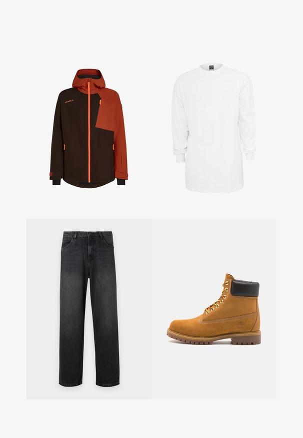 Brown and orange insulated jacket featuring a hood, zippered chest pocket, contrasting fabric panels, and adjustable cuffs.; Long-sleeve white cotton t-shirt with a round neckline, loose fit, and ribbed cuffs. Plain design, no graphics or patterns.; Dark gray denim jeans with a straight-leg design, featuring a zip fly, five pockets, and subtle fading details on the fabric.; Tan suede ankle boot with black padded collar, gold metal eyelets, white stitching detailing, and rugged rubber sole with pronounced treads.