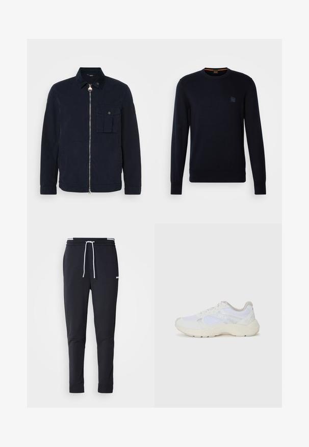 Casaco azul-marinho feito de um tecido leve, apresentando um fecho de zíper, gola, bolso no peito e um acabamento texturizado subtil.; Suéter de malha azul-marinho com mangas longas, decote redondo, punhos e bainha canelados, apresentando um pequeno patch logo quadrado no peito.; Calças de jogger ajustadas pretas com cordão branco, cintura elástica com riscas brancas e pequeno logo branco na parte superior da coxa.; Ténis brancos desportivos feitos de malha e camurça, com uma entressola texturizada, elementos texturizados e o logótipo "HUGO" na lateral.