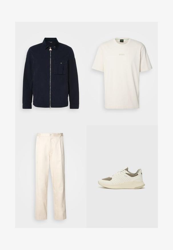 Námořnická modrá bunda vyrobená z lehkého materiálu, vybavená zipovým uzávěrem, límcem, náprsní kapsou a jemným texturovaným povrchem.; BOSS TEE - Jednoduché tričko - open white; Bežové bavlněné kalhoty se střihy rovného nohavice, s knoflíkovým zapínáním a záhyby vpředu pro zvýraznění detailu.; Bílé a světle béžové atletické tenisky, které mají síťovaný svršek, perforované detaily a texturovanou mezipodešev s logem na patě.