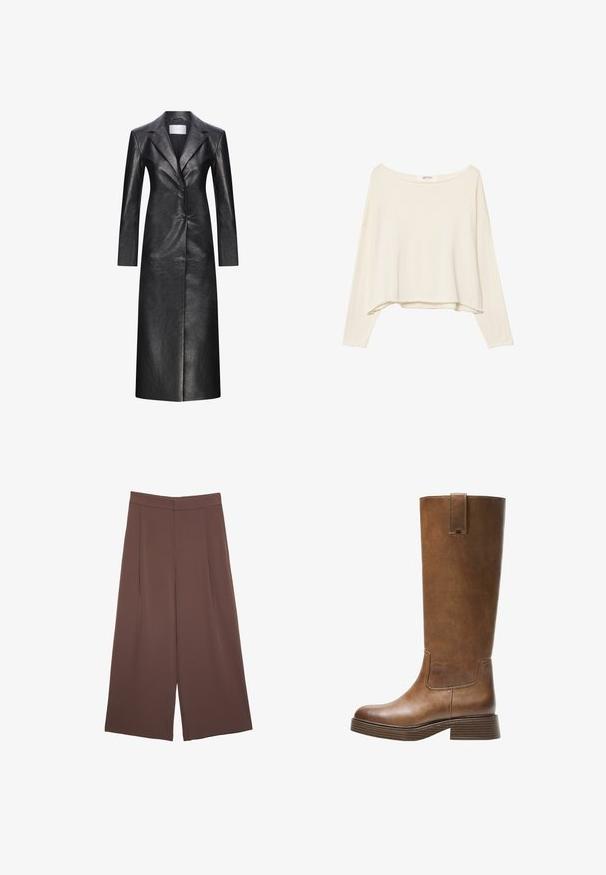 Svart läder lång kappa med enkelknäppt design, slag med utskärning, långa ärmar och en slät textur. Har två knappar och rak skärning.; Ljusbeige kort sweatshirt med bred nacke, långa ärmar och ett mjukt, texturerat tyg. Har en avslappnad, boxig passform.; Bruna vida byxor med en slät textur, som har hög midja och framfickor. Tyget är lätt och flödar löst.; Bruna läderknähöga stövlar med rund tå, texturerad yta och en staplad låg klack. Har en sidopanel och ett dragöglan högst upp.