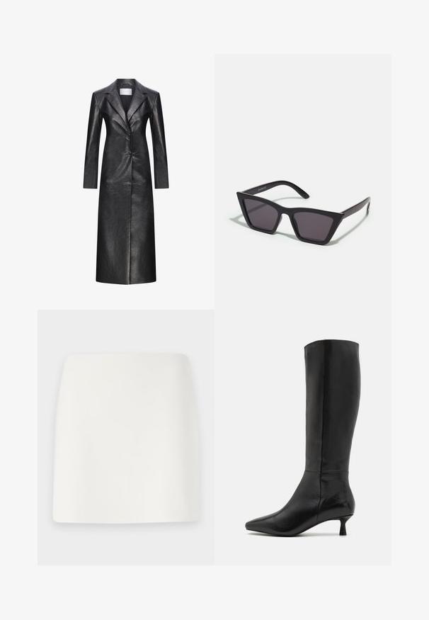 Zwarte leren lange jas met een enkelvoudige sluiting, gezette revers, lange mouwen en een gladde textuur. Heeft twee knopen en een rechte snit.; Zwarte coltrui met lange mouwen, cropped ontwerp, gebreide textuur en aansluitende manchetten. Eenvoudig, effen kleur zonder patronen.; Witte, getailleerde mini-jurk met een gladde textuur en strakke lijnen. Geen zichtbare patronen of hardware. Rechte zoom aan de onderkant.; Zign Laarzen - black; Zwarte, hoekige zonnebril met grijze lenzen; gemaakt van plastic, met dikke armen met een gladde oppervlakte en zonder zichtbare hardware.; Zwarte suède clutchtas met een ritssluiting en een afneembare polsband. Voorzien van goudkleurige hardware en een gladde, matte textuur.