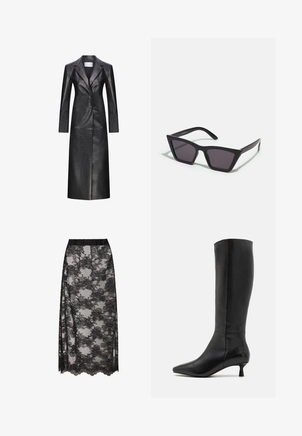 Čierny kožený dlhý kabát s jednoradovým zapínaním, klopovými goliermi, dlhými rukávmi a hladkou textúrou. Obsahuje dva gombíky a rovný strih.; Čierny rebrovaný rolák, krátke rukávy, priliehavý strih, jemná textura, minimálne švy a vysoký golier.; Čierna čipkovaná sukňa so zvlneným lemom, s kvetinovým vzorom a priesvitnou textúrou. Elastický pás pre pohodlné nosenie.; Zign Čižmy - black; Čierne, ostré slnečné okuliare so sivými sklami; vyrobené z plastu, majú hrubé ramená s hladkým povrchom a bez viditeľnej mechaniky.