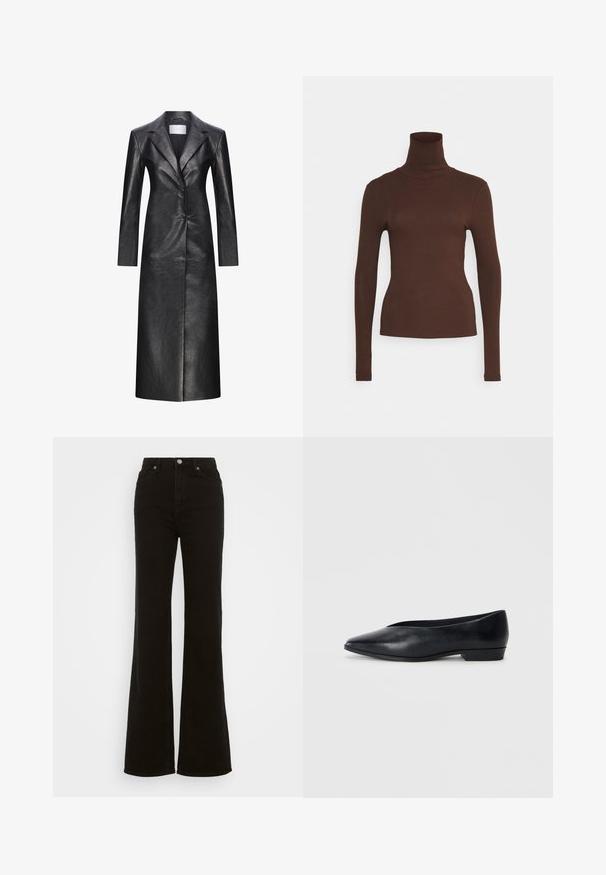 Abrigo largo de cuero negro con diseño de un solo pecho, solapas muescas, mangas largas y una textura suave. Presenta dos botones y un corte recto.; Pieces PCKITTE ROLLNECK - Camiseta de manga larga - chicory coffee; Vaqueros acampanados de tiro alto en negro, hechos de mezclilla, con cierre de botón, bolsillos laterales y una textura suave.; Zapato plano de cuero negro con punta afilada, tacón ligeramente elevado y superficie lisa. Diseño simple sin hardware visible ni patrones.