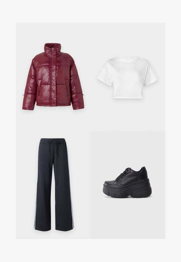 Bordo pūkinis švarkas su aukšta apykakle, priekinis užtrauktukas paslėptas po uždengimu ir ilgomis rankovėmis, izoliuotas ant baltos fono.; Balta trumpa medvilninė marškinėlių palaidinė. Trumpi rankovės, apvali iškirptė, lygus paviršius, kasdienis dizainas be raštų ar puošmenų.; Juodos plačios kelnės su elastingu juosmeniu ir raišteliu. Įtraukia mėlynas šonus ir turi lygų, minkštą tekstūrą.; Juodi lakuoti sportbačiai su masyviu padu, turintys sklandų odinį viršų, suapvalintą pirštą ir išskirtinį sluoksniuotą platformos dizainą.