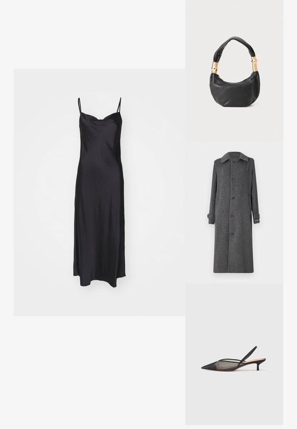 Abrigo de lana gris con cierre de botones, cuello extendido y dos bolsillos laterales. Cuenta con mangas largas y puños ligeramente doblados.; Un vestido de satén negro, tipo slip, con delgadas tirantes de espagueti, una textura suave y un corsé ajustado que fluye hacia una silueta en A.; NEOUS IRENA - Tacones - black; Bolso de mano de cuero negro con forma redonda, textura suave y un asa anudada que cuenta con acentos de hardware en tono dorado. Cierre con cremallera.