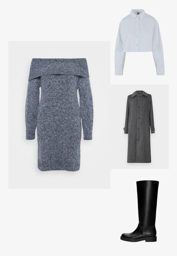 Cappotto di lana grigia con chiusura a bottoni, colletto aperto e due tasche laterali. Presenta maniche lunghe e polsini leggermente risvoltati.; Abito in maglia grigio scuro con scollatura off-the-shoulder, maniche lunghe e un motivo testurizzato su tutta la superficie.; Camicia bianca corta con colletto a punta, maniche lunghe e texture liscia. Presenta una patta frontale con bottoni abbinati.; Stivale in pelle nera al ginocchio con una texture liscia, punta rotonda, design sobrio e tacco a blocco basso. Nessuna hardware o motivo visibile.