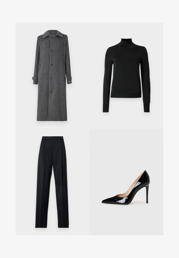 Sivi vuneni kaput s gumbima sprijeda, raširenim ovratnikom i dva bočna džepa. Ima dugačke rukave i blago prevrnute manžete.; Crna dugosruga majica s rolijom i rebrastim manžetama i donjim rubom, prikazana na jednostavnoj bijeloj pozadini.; Crne hlače od glatkog materijala s visokim strukom, širokim nogavicama, prednjim pregibima i klasičnim petljama za remen. Nema vidljivih bočnih džepova.; Crne lakirane kožne štikle s dizajnom ušiljenog nosa i elegantnom siluetom. Imaju glatku, sjajnu završnu obradu i vitak stiletto potplat.