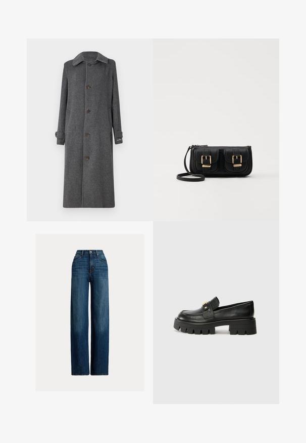 Pilkas vilnos paltas su mygtukų uždarymu, išplėstu apykakle ir dviem šoninėm kišenėm. Turi ilgas rankoves ir šiek tiek apvyniotus manžetus.; Kreminės ir tamsiai mėlynos juostelės trumpų rankovių marškinėliai, turi apvalų iškirpimą ir dėžutės tipo dizainą, pagaminti iš tekstūruotos medžiagos.; Platus džinsų kelnes tamsiai mėlynos spalvos. Pabrėžta aukšta juosmens linija, užsegamos mygtuku, su klasikinio penkių kišenių dizainu. Lygus paviršius su švelniu nudėvėjimu.; Juodi odiniai loafers batai su masyviu padu, papuošti auksiniu akcentu priekyje ir lygiu paviršiumi. Masyvi protektoriaus dizaino išvaizda padais.; Juodas odinis per petį nešiojamas krepšys su dviem priekiniais kišenėmis, auksiniais sagtimis, užtrauktuko uždarymu ir siauromis petnešomis. Textūruota paviršius ir kompaktiškas stačiakampis formatas.