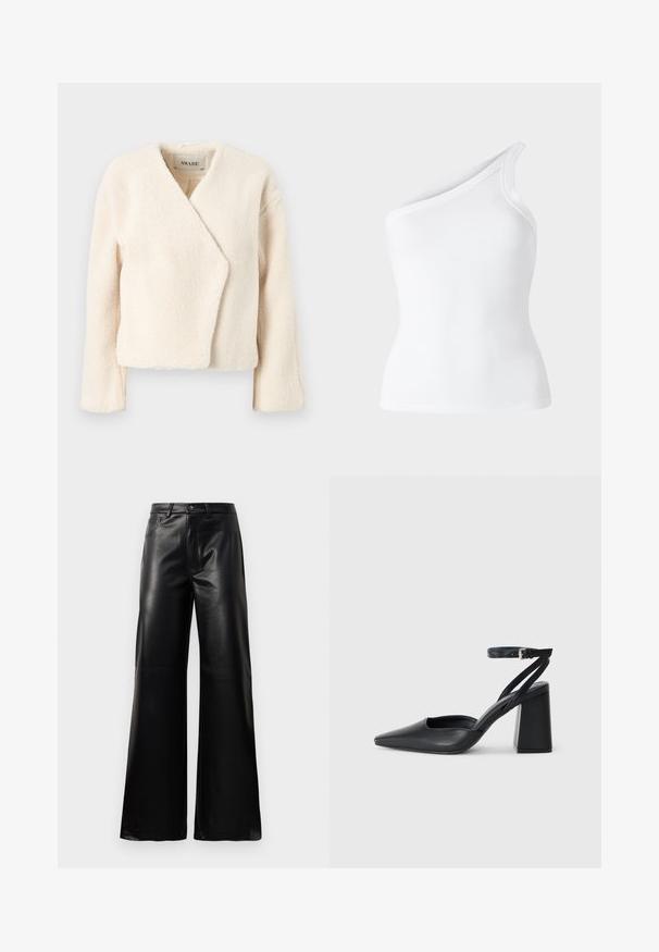 Kremowy, miękki polarowy kurtka o kroju kopertowym, z długimi rękawami i lekko skróconej długości. Bez widocznych elementów metalowych ani wzorów.; Biała, prążkowana bluzka bez rękawów o asymetrycznym projekcie z jedno ramieniem. Gładka faktura, dopasowany krój i czyste krawędzie.; Czarne, wysokie na talii, szerokie spodnie z sztucznej skóry z guzikami z przodu, zapięciem na zamek, szlufkami na pasek i bocznymi kieszeniami na białym tle.; Czarne skórzane czółenka z ostrym noskiem, z paskiem na kostce i grubym obcasem. Gładka faktura, elegancki design i minimalistyczna estetyka.