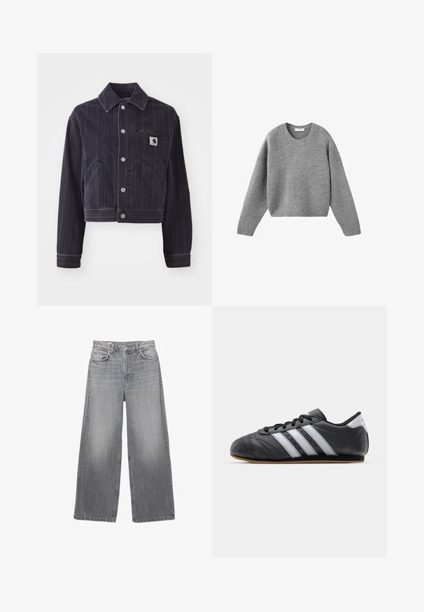 Jachetă din denim închis, cu dungi verticale, design scurt, guler tip punct, închidere frontală cu butoane și buzunar pe piept cu patch logo.; Pulover gri tricotat, cu guler rotund, mâneci lungi și manșete și tiv cu nervuri, așezat pe un fundal alb.; Blugi din denim gri, cu croială largă și talie înaltă, cinci buzunare, finisaj decolorat și cusături în contrast. Dispune de închidere cu butoane și bucle pentru curea.; Pantofii sport din piele neagră, cu dungi albe, vârful rotund, talpa plată și închidere cu șireturi. Au perforații pentru respirabilitate.