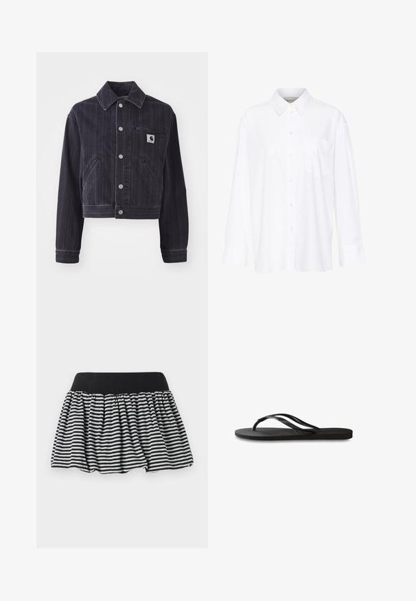 Casaco de ganga escuro com riscas verticais, design curto, gola pontiaguda, fecho dianteiro com botões e bolso no peito com logótipo.; Camisa branca de manga longa com colarinho feita de algodão. Apresenta uma parte frontal com botões e um único bolso no peito. Textura suave, corte descontraído.; Saia riscada a preto e branco com um design franzido e cintura elástica, feita de material suave. Apresenta uma forma evasê para maior volume.; Chinelo preto com sola de borracha texturizada, duas tiras finas e um detalhe de logotipo discreto em relevo na tira.