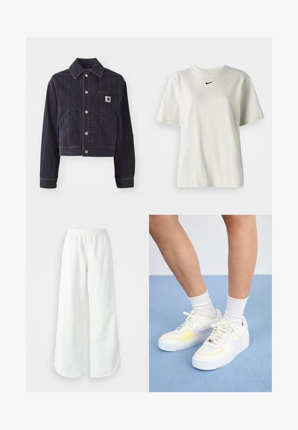 Temno modra jeans jakna z vertikalnimi črtami, skrajšanega kroja, z nagubanjem, sprednjim gumbnim zapiranjem in žepom na prsih z logotipom.; Bela bomba iz bombaža z okroglim ovratnikom in kratkimi rokavi. Ima majhen črn Nike logotip na prsih. Preprost in neopazen dizajn.; Bela športna hlače širokega kroja z rebrastim pasom in diskretno logotipno podrobnostjo. Gladek material z sproščenim krojem in zoženim robom.; Bele usnjene superge z rumenimi in sivimi poudarki, okrogla noska, ravne vezalke in teksturiran gumen podplat. Nosi se z belimi nogavicami.
