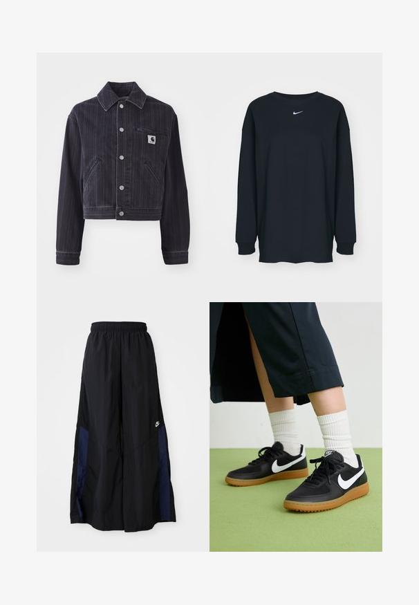 Temno modra jeans jakna z vertikalnimi črtami, skrajšanega kroja, z nagubanjem, sprednjim gumbnim zapiranjem in žepom na prsih z logotipom.; Črna dolgotrajna majica z dolgimi rokavi iz bombaža z okruglim izrezom. Ima bel Nike logo na prsih. Mehek material, preprost dizajn.; Črne široke hlače iz lahkega materiala, z morsko modrim stranskim panelom in elastičnim pasom. Majhna bela oznaka na dnu.; Črne usnjene in sintetične superge z belim Nike swooshom, gumo na podplatu, okroglo konico ter črnimi vezalkami. Vidne so rebraste bele nogavice.