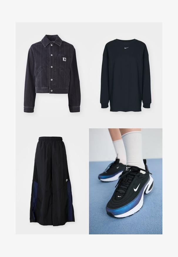 Temno modra jeans jakna z vertikalnimi črtami, skrajšanega kroja, z nagubanjem, sprednjim gumbnim zapiranjem in žepom na prsih z logotipom.; Črna dolgotrajna majica z dolgimi rokavi iz bombaža z okruglim izrezom. Ima bel Nike logo na prsih. Mehek material, preprost dizajn.; Črne široke hlače iz lahkega materiala, z morsko modrim stranskim panelom in elastičnim pasom. Majhna bela oznaka na dnu.; Črne Nike športne copate z gladkim zgornjim delom iz tkanine, ki imajo gradientni dizajn od modre do črne, belo podplat in izrazite logotipne akcenta.