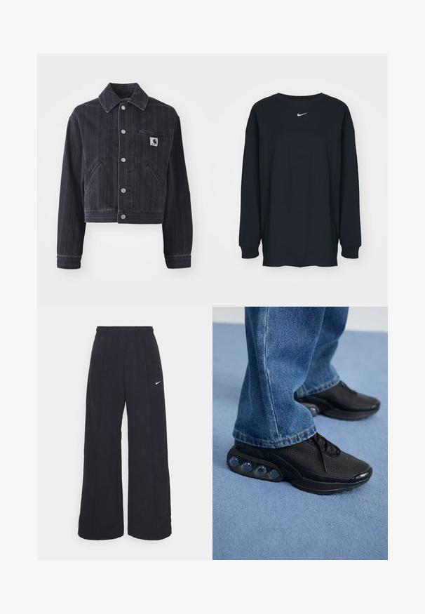 Casaco de ganga escuro com riscas verticais, design curto, gola pontiaguda, fecho dianteiro com botões e bolso no peito com logótipo.; Camisola preta de mangas longas feita de algodão com decote redondo. Apresenta um logótipo branco da Nike no peito. Textura suave, design simples.; Calças largas pretas com um cós elástico e um pequeno logótipo branco da Nike. O tecido tem uma textura suave, projetado para conforto e uso casual.; Ténis atléticos pretos com parte superior em malha, detalhes texturizados e almofadas de amortecimento de ar visíveis na sola. Usados com uns jeans de ganga azuis.