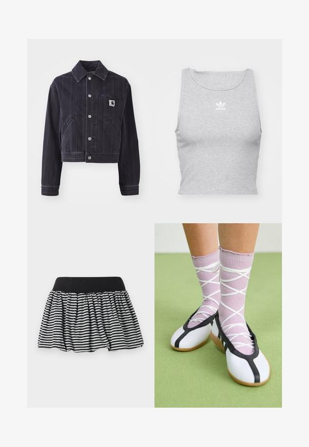 Mørk denimjakke med vertikale striber, cropped design, spidse kraver, frontlukning med knapper og brystlomme med logo-patch.; Grå, ærmeløs crop top lavet af blødt stof, med rund halsudskæring og et lille hvidt Adidas-logo på brystet.; Stribet sort og hvid nederdel med et samlet design og elastisk talje, lavet af blødt materiale. Har en udvidet form for fylde.; Hvide flade sko med sort trim og sål, parret med lyse lilla ribbede sokker med hvide krydsseler. Sat mod en grøn baggrund.