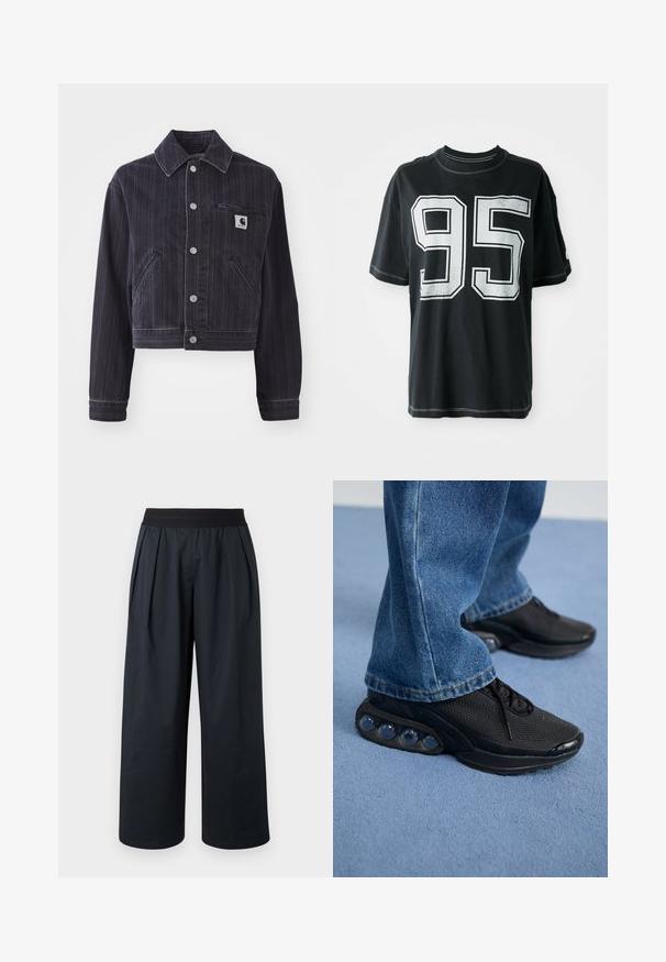 Czarna jeansowa kurtka z pionowymi paskami, krótka konstrukcja, kołnierz typu point, zapięcie na guziki z przodu oraz kieszeń na klatce piersiowej z naszywką logo.; Czarny bawełniany t-shirt z krótkim rękawem, z białym nadrukowanym numerem "95" z przodu i kontrastującymi szwami wzdłuż krawędzi.; Czarne spodnie o szerokich nogawkach z plisowaną przednią częścią, elastycznym pasem i gładką fakturą tkaniny. Charakteryzują się luźnym krojem i skróconą długością.; Czarne sportowe sneakersy z siateczkową cholewką, teksturowanymi akcentami i widocznymi poduszkami powietrznymi w podeszwie. Noszone z niebieskimi dżinsami.