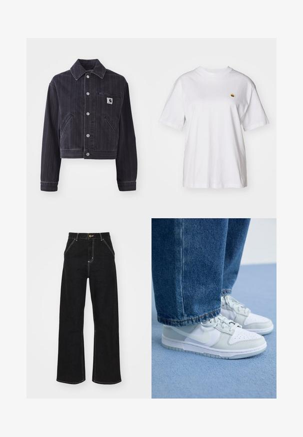 Tumši denima jakas ar vertikālām svītrām, saīsināts dizains, punktveida apkakle, priekšējā pogu aizdare un krūšu kabata ar logotipa uzšuvumu.; Balta kokvilnas T-kreklā ar brīvu piegriezumu, īsām piedurknēm un mazu izšūtu logotipu kreisajā krūtīs.; Melnas platajās biksēs, kas izgatavotas no denima, ar kontrastējošas baltas šuves un priekšējo pogu aizdari, kā arī divām slīpajām priekšējām kabatām.; Nike sporta apavi balta un gaiši pelēka āda ar perforētu degunu, plakaniem kurpju šņorēm un gumijas zoli, saskaņoti ar zilu džinsu biksēm.