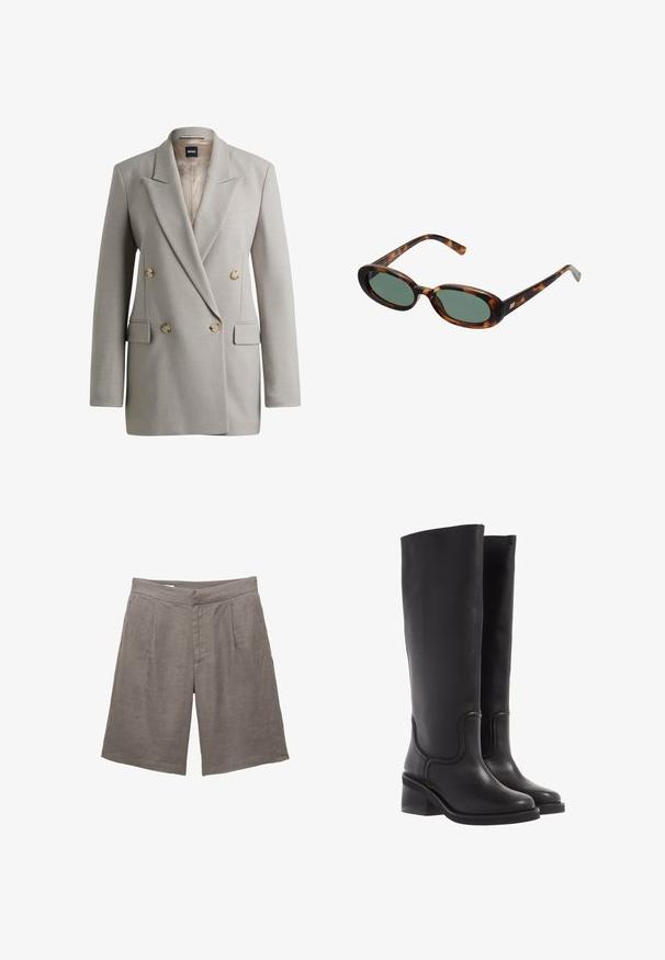 Heller grauer, zweireihiger Blazer mit breiten Revers, vier beigen Knöpfen, Klappentaschen und einem BOSS-Label im Kragen.; Brauner, langärmeliger Pullover aus weichem, elastischem Material mit rundem Halsausschnitt und lockerer Passform, der eine glatte Textur und minimales Design aufweist.; Graue Leinen-Shorts mit lässiger Passform, flachem Bund, zwei vorderen Falten und seitlichen Taschen. Glatte Textur ohne sichtbare Muster.; Schwarze Lederstiefel bis zum Knie mit glatter Textur, abgerundeter Spitze und klobigem Absatz. Mit dezenten Nähten und einem schlanken Design.; Schildpatt-Sonnenbrille mit ovalen Rahmen und grünen Gläsern. Verfügt über dünne Bügel mit einem metallischen Akzent in der Nähe der Scharniere.; Tasche aus braunem Wildleder mit zwei langen Griffen, rechteckiger Form und dekorativer Naht. Verfügt über einen seitlichen Riemen und subtile goldene Hardwareakzente.