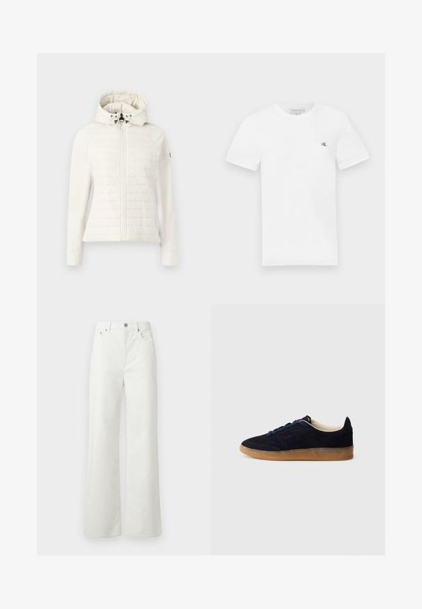 Casaco branco com fecho de correr, design acolchoado e capuz. Apresenta cordão ajustável no capuz e mangas justas. Textura suave, estilo minimalista.; T-shirt de algodão branco com mangas curtas e gola redonda. Apresenta um pequeno logótipo preto "ck" no lado esquerdo do peito. Textura suave.; Samsøe Samsøe SHELLY - Calças de ganga de corte relaxado - clear cream; Tênis de camurça azul-marinho com sola de borracha cor de goma, atacadores azuis e design minimalista. Apresenta logótipo em relevo na lateral e forro interior liso.