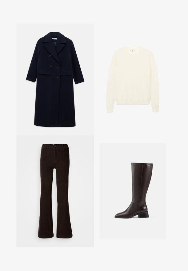Lång marinblå dubbelknäppt ullkappa med breda slag, sex svarta knappar, två framfickor med klaff och långa ärmar.; Krämfärgad tröja med klassisk rund halsringning, ribbade muddar och nederkant samt en mjuk textur. Lättviktsmaterial med en slät yta.; Bruna manchesterbyxor med utsvängda ben och en strukturerad yta, utrustade med en knappstängning framtill, bältesöglor och två bakfickor.; Knähöga bruna läderstövlar med en slät finish, rund tå och en staplad svart klack. Enkel design med minimala hårdvarudetaljer.