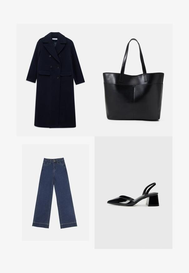 Cappotto lungo blu navy in lana, doppiopetto, con ampi rever, sei bottoni neri, due tasche anteriori a pattina e maniche lunghe.; T-shirt nera a maniche corte in cotone con colletto rotondo, caratterizzata da un design semplice e uniforme e da una texture liscia. Nessun logo o motivo visibile.; Jeans a gamba larga in denim blu scuro. Presentano cinque tasche, passanti per cintura e un orlo grezzo in fondo con dettagli di cucitura visibili.; Décolleté in vernice nera con punta affusolata e tacco in geometria cubica. Presentano un design elegante e minimalista, con una texture liscia.; Borsa a tracolla in pelle nera con due manici lunghi, una texture liscia e una forma strutturata. Presenta una tasca frontale per ulteriore spazio di archiviazione.