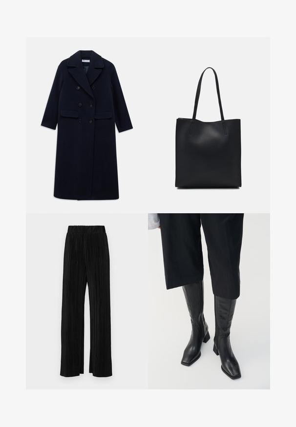 Cappotto lungo blu navy in lana, doppiopetto, con ampi rever, sei bottoni neri, due tasche anteriori a pattina e maniche lunghe.; T-shirt nera a maniche corte con una vestibilità rilassata, caratterizzata da una texture liscia e un collo a giro. Tessuto leggero con una leggera lucentezza.; Pantaloni neri a plissé con vita elasticizzata. Presentano gamba ampia e un tessuto liscio e texture con strisce verticali.; Stivali neri in pelle fino al ginocchio con punta quadrata e tacco a blocco. Caratterizzati da una chiusura laterale con zip e una texture liscia.; Borsa tote in pelle nera con texture liscia, forma rettangolare e due manici lunghi. Nessun hardware o decorazione visibile.