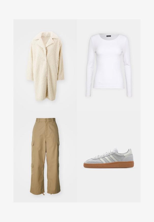 Kremno obarvana, puhasta umetna krznena bunda z velikim ovratnikom, odprtim sprednjim delom in tričetrtinskimi rokavi. Ponaša se z dvema stranskima žepoma in sproščenim krojem.; Bela rebrasta majica z dolgimi rokavi in okruglim izrezom. Narejena iz elastičnega materiala, ki se prilega telesu. Značilen je diskreten horizontalni potisk.; Bežne cargo hlače z visokim pasom, širokimi nogami in štirimi velikimi stranskimi žepi. Narejene so iz trpežnega materiala z gladko teksturo in minimalnimi detajli.; Svjetlo sivi suedesni sportski cipeli s bijelim kožnim naglascima, tri bijele pruge i smeđi gumeni potplat, s podstavljenim ovratnikom za udobnost.